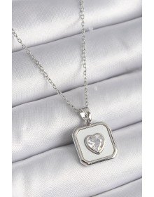 316L Steel Silver Color Square Locket Heart Zircon Stone Processing Women's Necklace