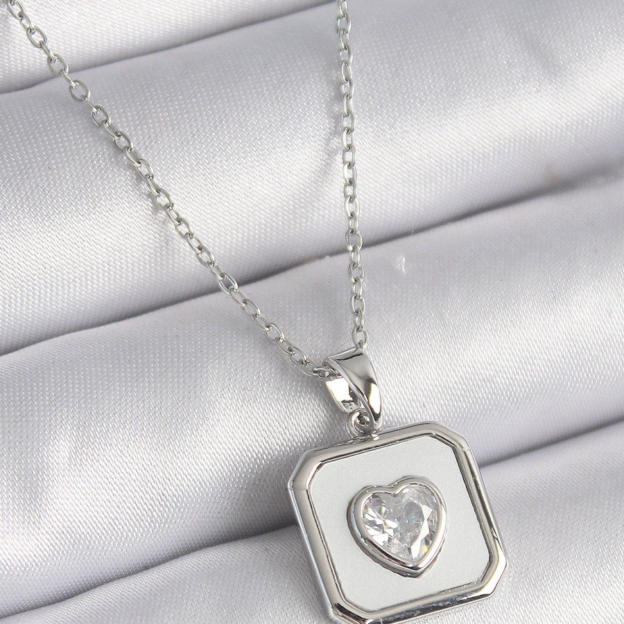 316L Steel Silver Color Square Locket Heart Zircon Stone Processing Women s Necklace