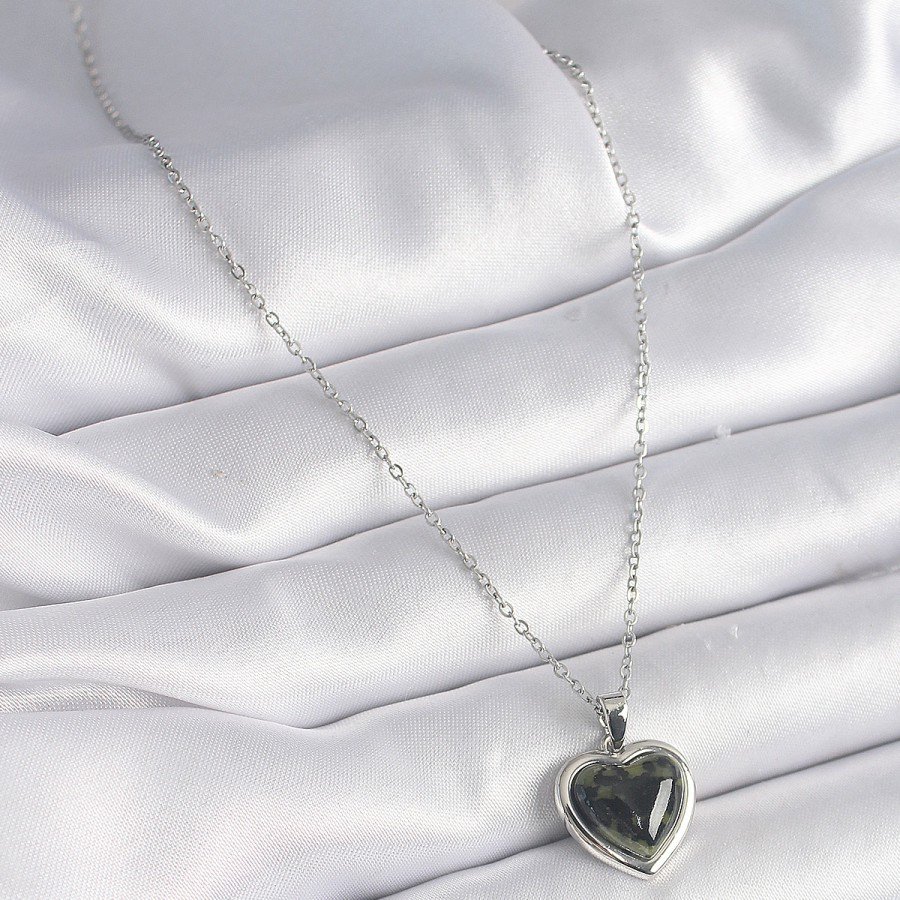 316L Steel Silver Color Green Enameled Heart Model Women s Necklace