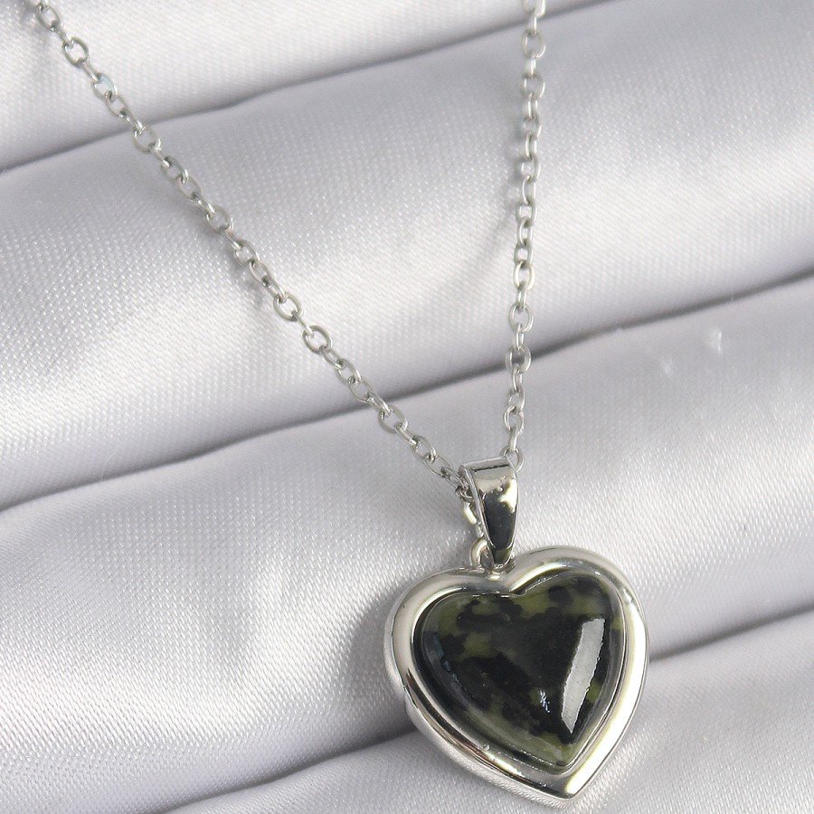 316L Steel Silver Color Green Enameled Heart Model Women s Necklace