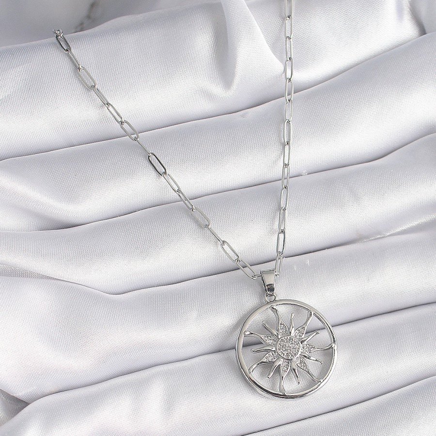316L Steel Silver Color Zircon Stone Sun Medallion Model Women s Necklace