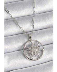 316L Steel Silver Color Zircon Stone Sun Medallion Model Women's Necklace