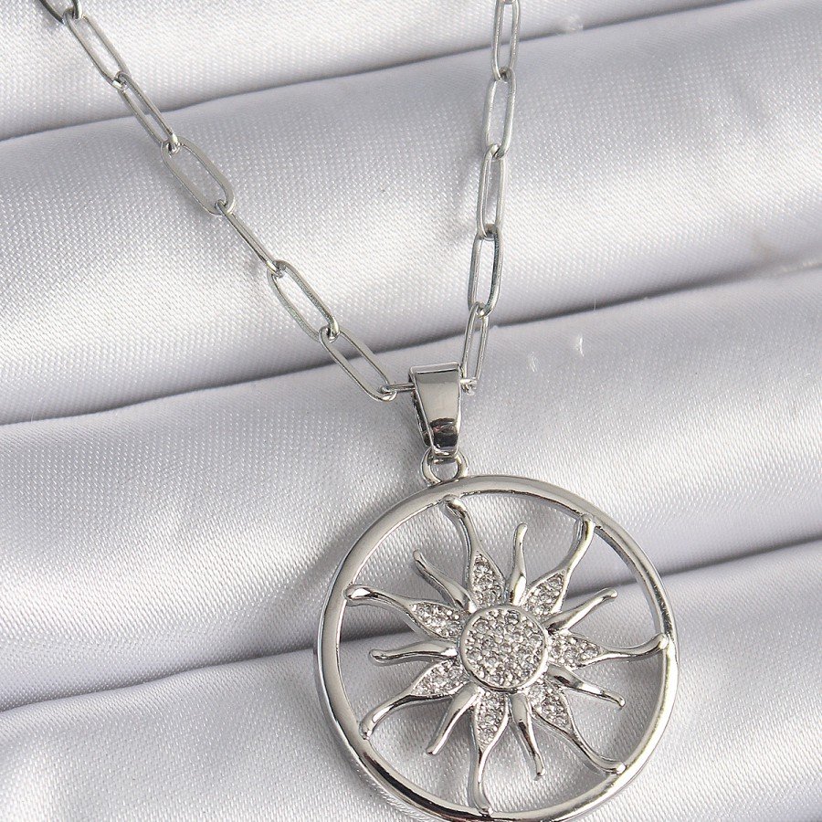 316L Steel Silver Color Zircon Stone Sun Medallion Model Women s Necklace