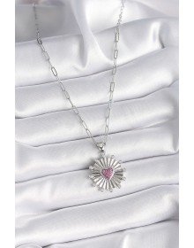 316L Steel Silver Color Pink Zircon Stone Heart Engraved Medallion Model Women's Necklace