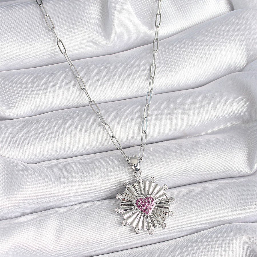 316L Steel Silver Color Pink Zircon Stone Heart Engraved Medallion Model Women s Necklace