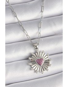 316L Steel Silver Color Pink Zircon Stone Heart Engraved Medallion Model Women's Necklace