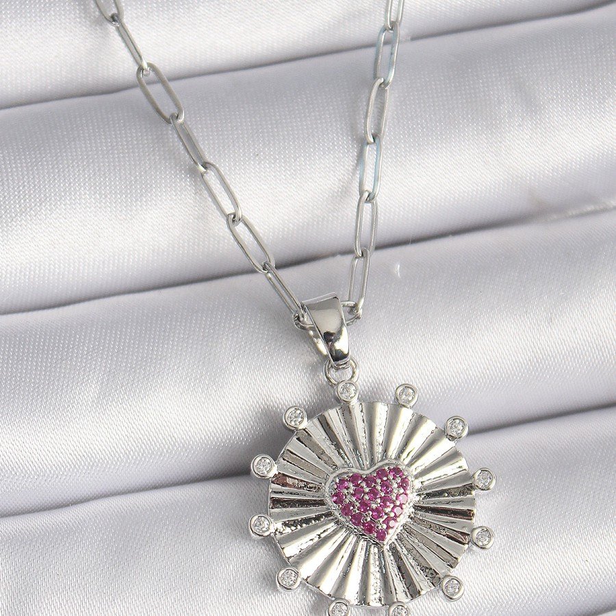 316L Steel Silver Color Pink Zircon Stone Heart Engraved Medallion Model Women s Necklace
