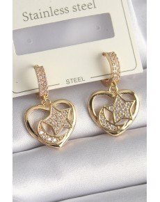 Brass Gold Color Zircon Stone Heart Model Crescent Star Embroidery Women's Earrings