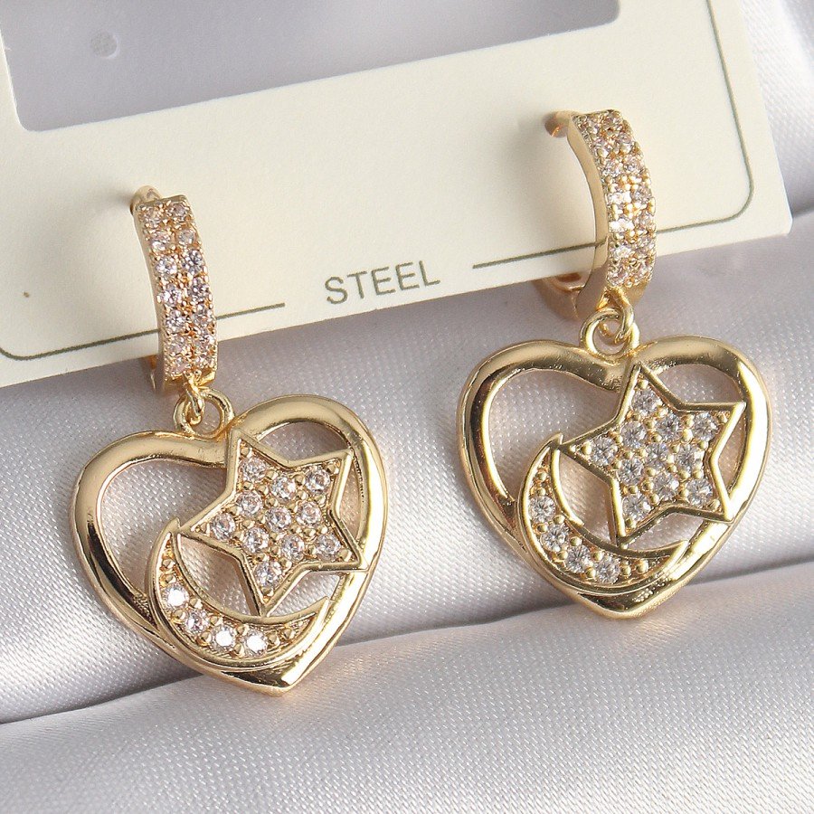 Brass Gold Color Zircon Stone Heart Model Crescent Star Engraved Women s Earrings Brass Gold Color Zircon Stone Heart Model Crescent Star Engraved Women s Earrings