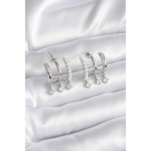 Brass Silver Color Zircon Stone Detail Pearled Women's Earrings