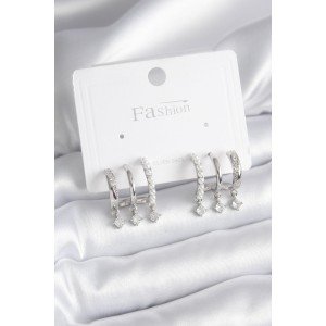 Brass Silver Color Zircon Stone Detail Pearled Women's Earrings