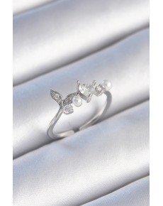 Brass Silver Color Zircon Stone Heart Leaf Model Pearl Detail Women's Ring