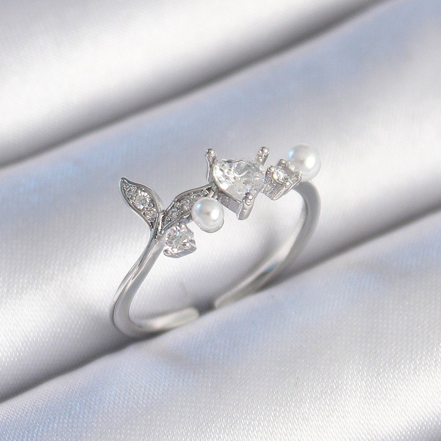 Brass Silver Color Zircon Stone Heart Leaf Model Pearl Detail Women s Ring