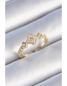 Brass Gold Color Pearl Clover Model Zircon Stone Detail Women's Ring