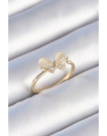 Brass Gold Color White Enameled Zircon Stone Butterfly Model Women's Ring