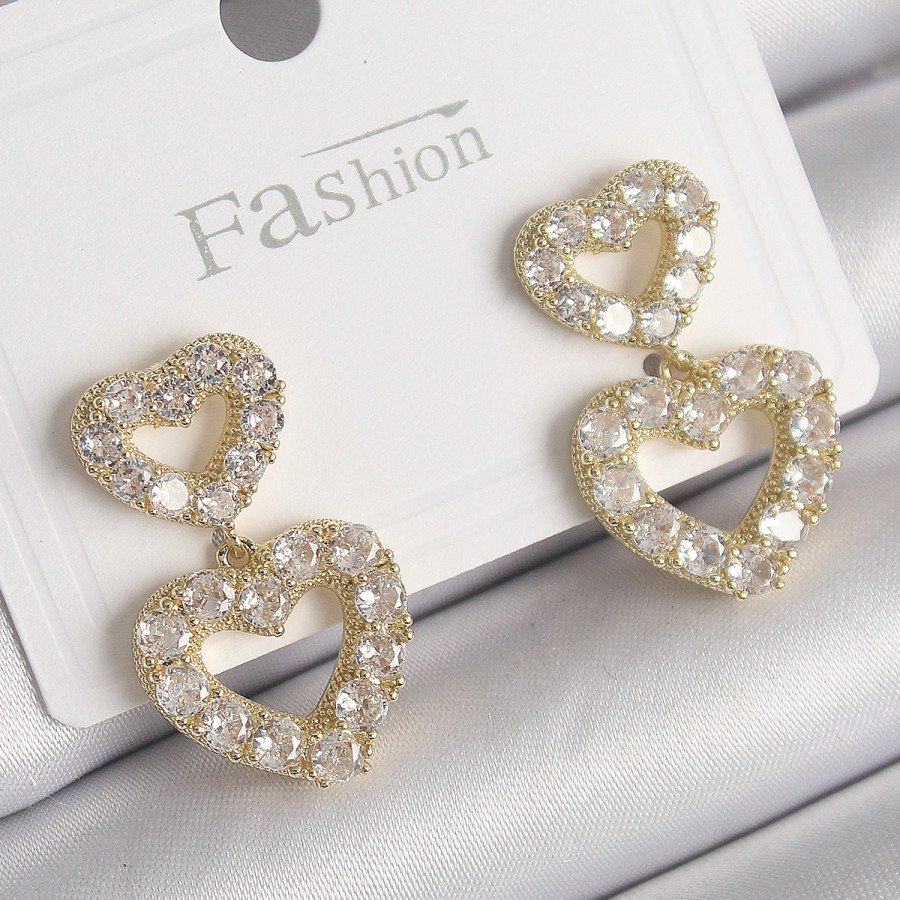 Brass Gold Color Zircon Stone Dangle Heart Model Women s Earrings
