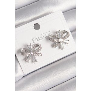 Brass Silver Color Zircon Stone Bow Model Women's Earrings Brass Silver Color Zircon Stone Bow Model Women's Earrings