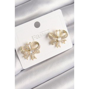 Brass Gold Color Zircon Stone Bow Model Women's Earrings Brass Gold Color Zircon Stone Bow Model Women's Earrings
