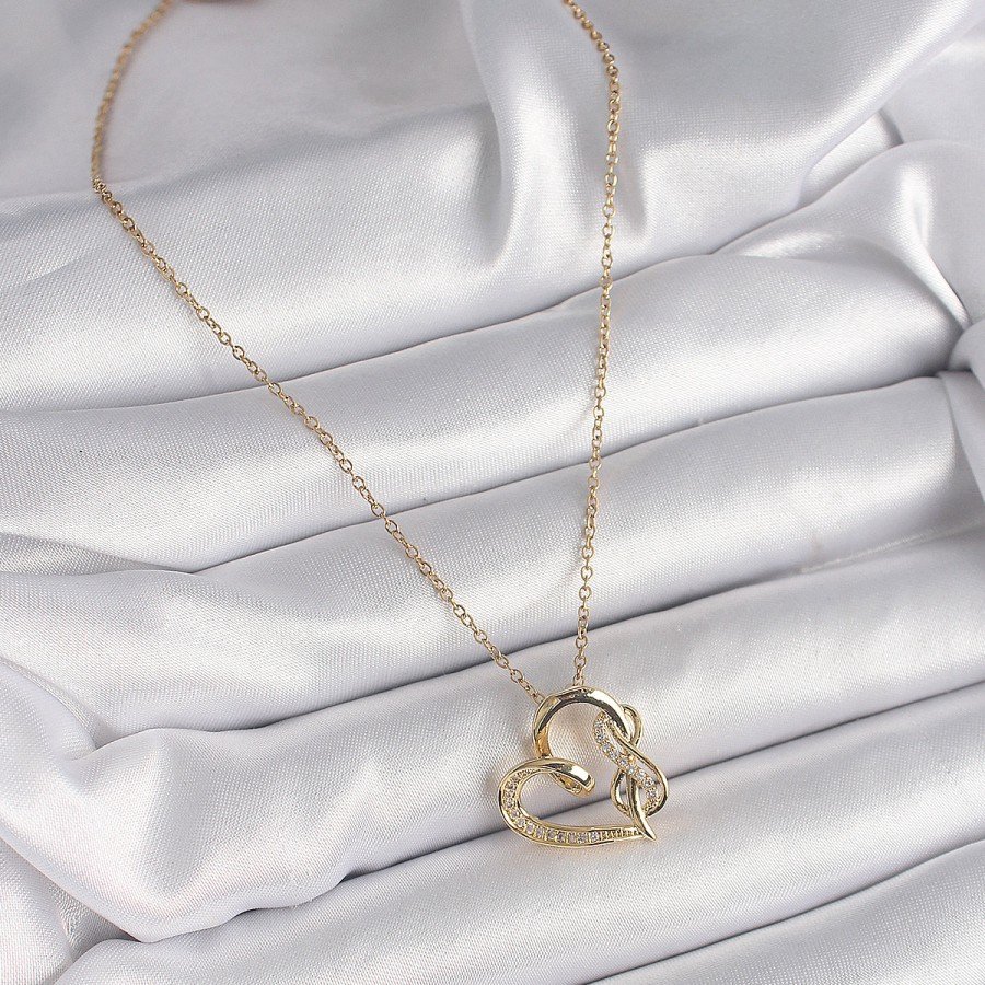 316L Steel Gold Color Chain Zircon Stone Detailed Heart Model Infinity Detail Women s Necklace