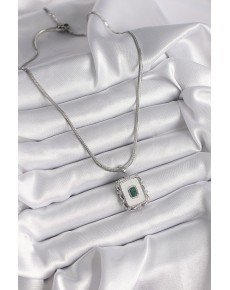 316L Steel Silver Color Italian Chain White Pearl Square Portrait Model Emerald Stone Detail Women's Necklace
