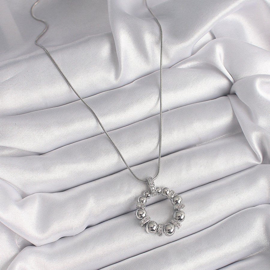 316L Steel Silver Color Chain Zircon Stone Detailed Convex Ring Model Women s Necklace