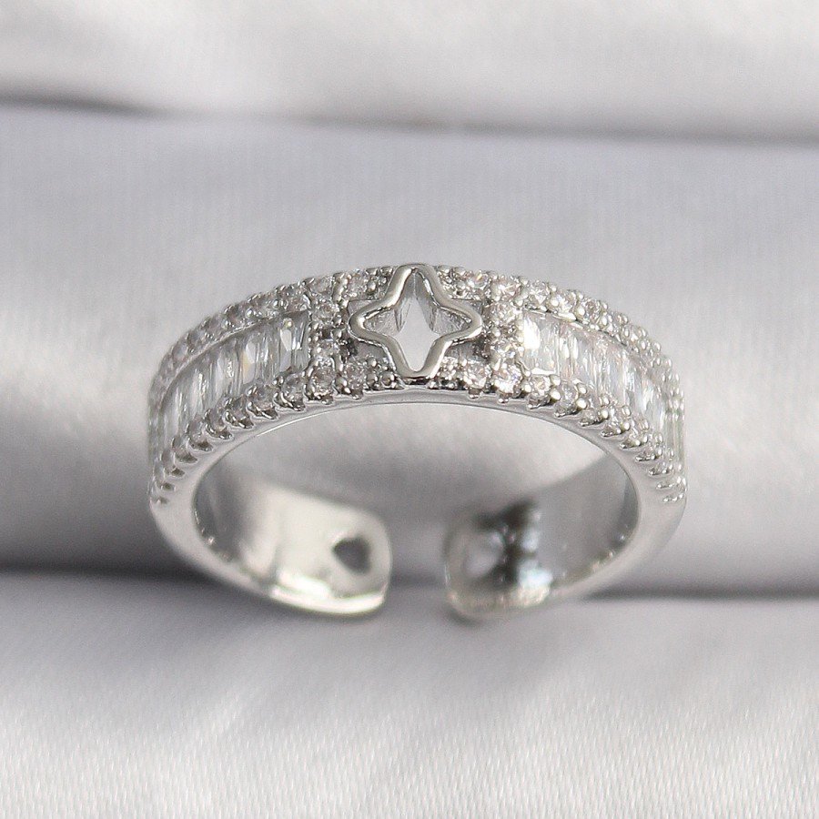 Brass Silver Color Zircon Stone Star Engraving VIP Series Women s Ring