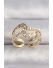 Brass Gold Color Zircon Stone Pearl Detail VIP Series Women's Ring