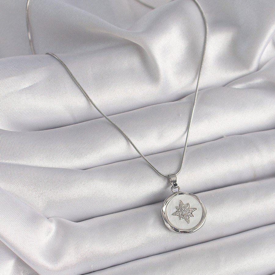 316L Steel Silver Color Chain White Pearlescent Zircon Stone Star Engraved Model Women s Necklace