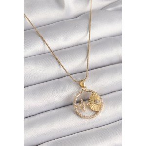316L Steel Gold Color Chain Zircon Stone Star Engraved Medallion Model Women's Necklace