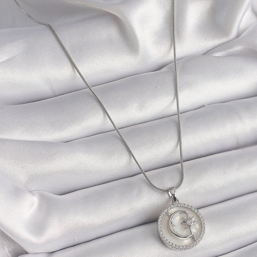 316L Steel Silver Color Chain Zircon Stone Detailed White Pearlescent Moon Star Engraved Women s Necklace