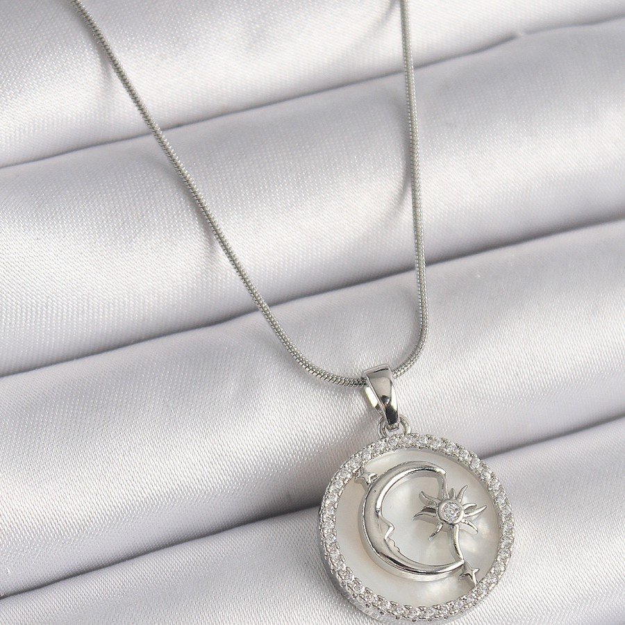 316L Steel Silver Color Chain Zircon Stone Detailed White Pearlescent Moon Star Engraved Women s Necklace