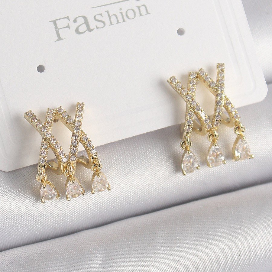 Brass Gold Color Zircon Stone X Model Dangle Detail Women s Earrings Brass Gold Color Zircon Stone X Model Dangle Detail Women s Earrings