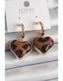 Brass Gold Color 3D Heart Leopard Pattern Model Women's Earrings