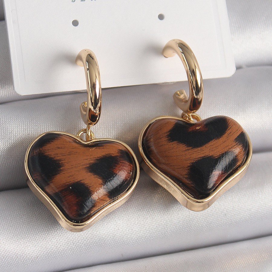 Brass Gold Color 3D Heart Leopard Pattern Model Women s Earrings
