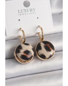 Brass Gold Color Leopard Patterned Circle Model Women's Earrings