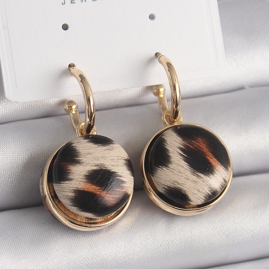 Brass Gold Color Leopard Patterned Circle Model Women s Earrings