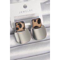 Brass Silver Color Square Plate Leopard Pattern Women's Earrings