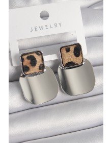 Brass Silver Color Square Plate Leopard Pattern Women's Earrings