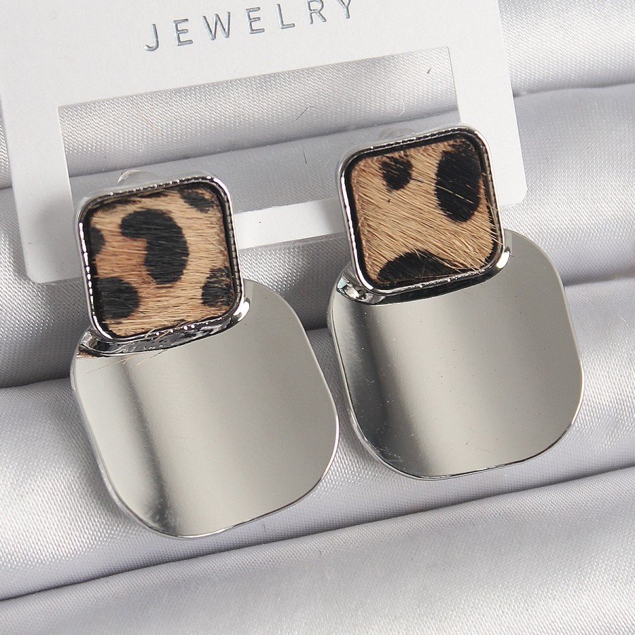 Brass Silver Color Square Plate Leopard Pattern Women s Earrings