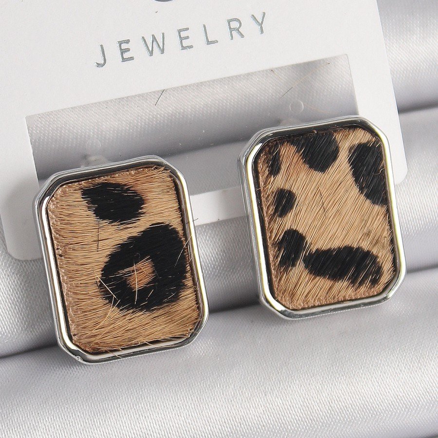 Brass Silver Color Leopard Patterned Square Model Women s Earrings