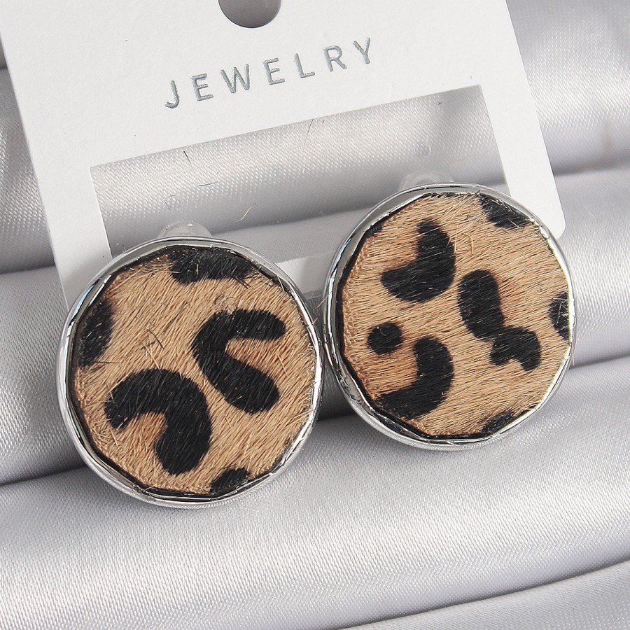 Brass Silver Color Circle Plate Model Leopard Pattern Women s Earrings