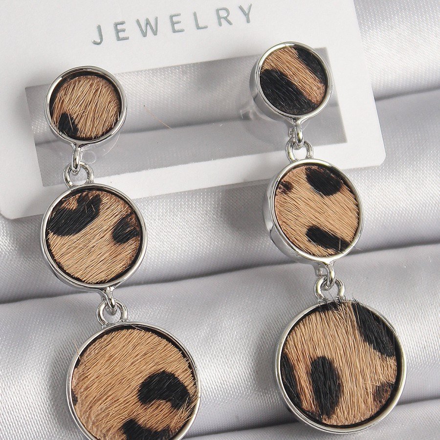 Brass Silver Color 3-Piece Circle Plate Leopard Pattern Women s Earrings