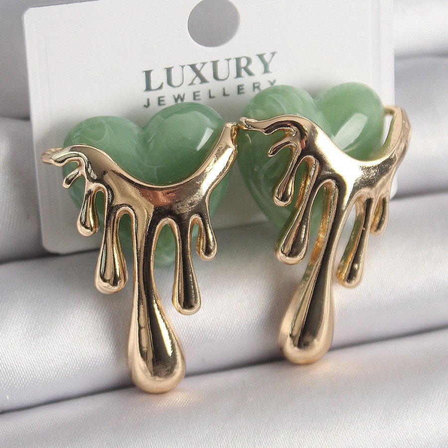Brass Gold Color Green Pearl Flowing Heart Model Women s Earrings
