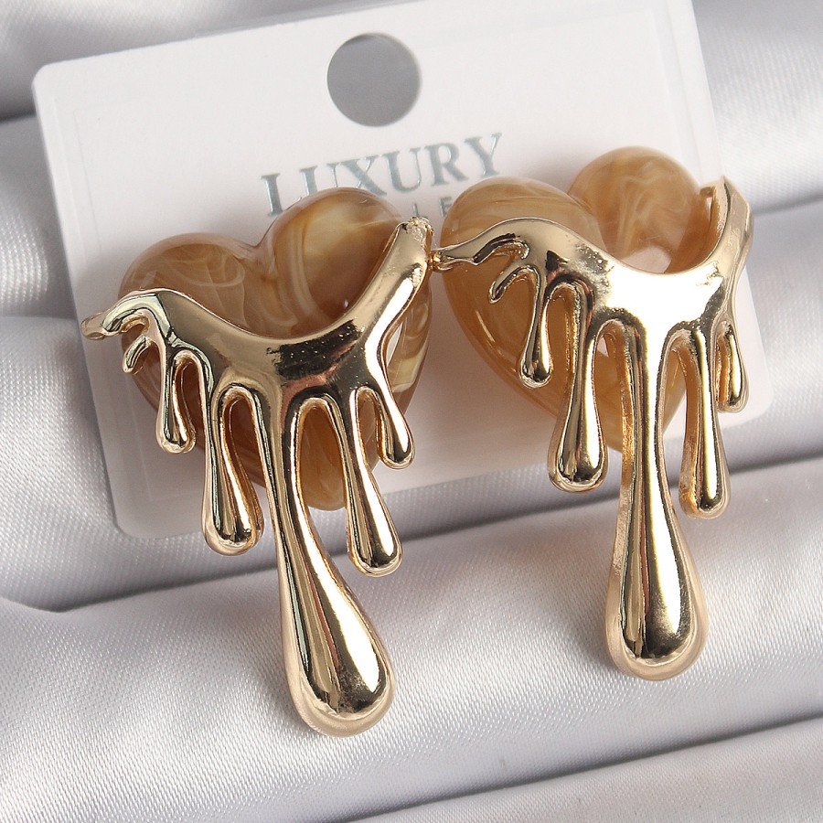 Brass Gold Color Cream Pearlescent Flowing Heart Model Women s Earrings