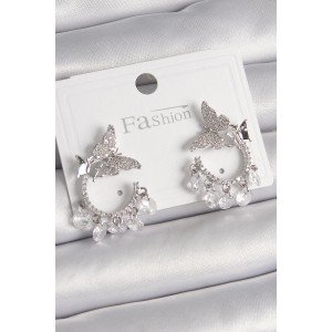 Brass Silver Color Zircon Stone Dangle Detail Butterfly Model Women's Earrings
