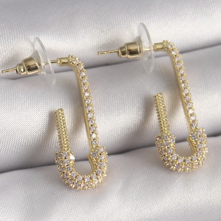 Brass Gold Color Zircon Stone Safety Pin Model Women s Earrings