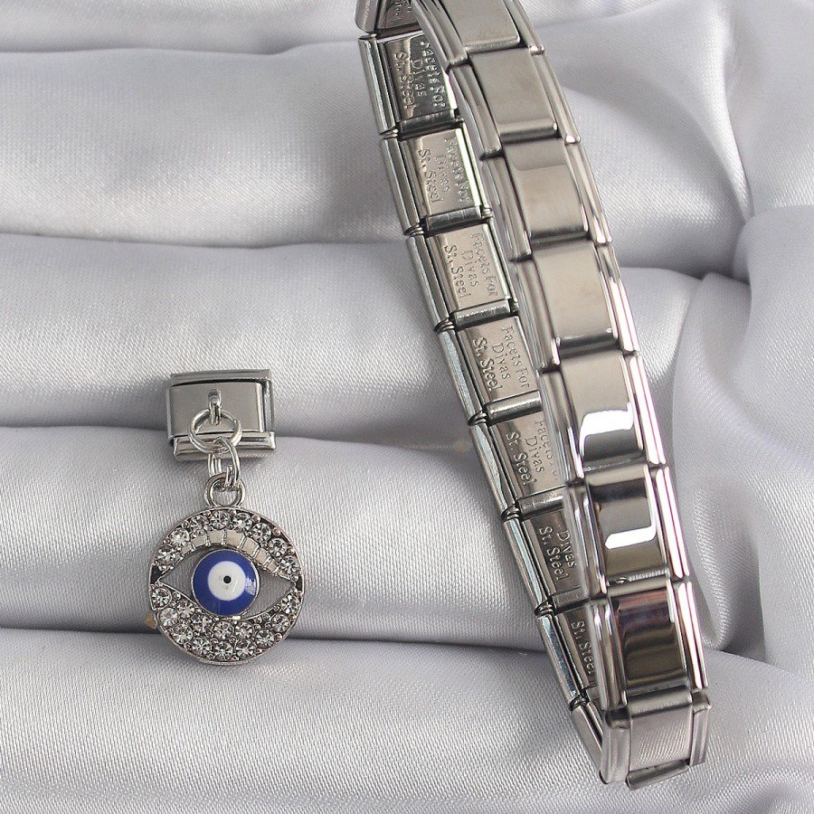 316L Steel Silver Color Dangle Zircon Stone Eye Model Evil Eye Bead Detail Nomination Charm 316L Steel Silver Color Dangle Zircon Stone Eye Model Evil Eye Bead Detail Nomination Charm