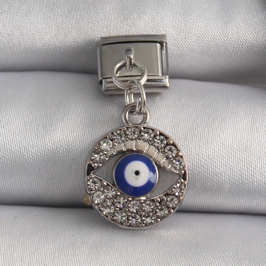 316L Steel Silver Color Dangle Zircon Stone Eye Model Evil Eye Bead Detail Nomination Charm 316L Steel Silver Color Dangle Zircon Stone Eye Model Evil Eye Bead Detail Nomination Charm