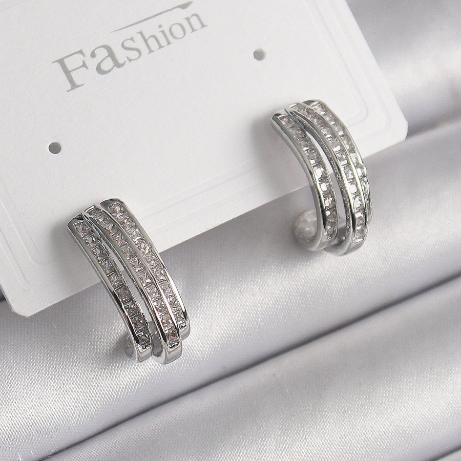 Brass Silver Color Zircon Stone Half Ring Model Women s Earrings