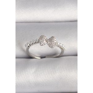 Brass Silver Color Zircon Stone Bow Pearl Detail Adjustable Ring Brass Silver Color Zircon Stone Bow Pearl Detail Adjustable Ring